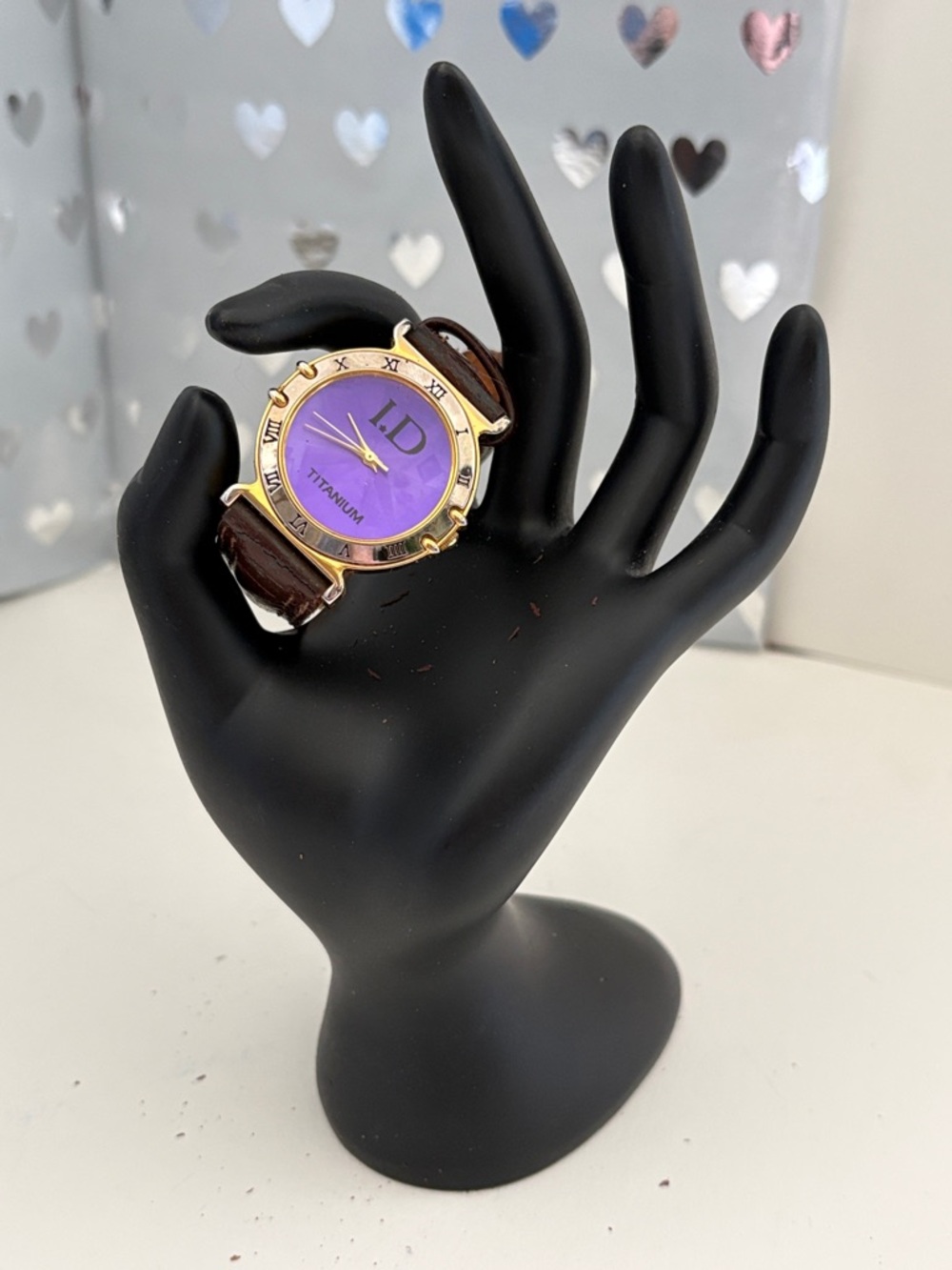 Pruple Face Classy Vintage gold tone brown leather band Women's watch